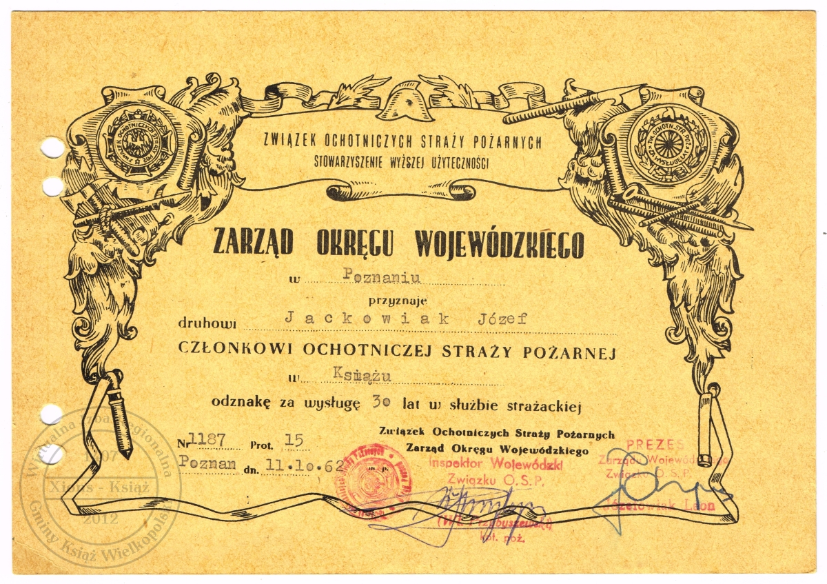 Patent odznaki XXX lecie pracy dla OSP. Józef Jackowiak 1962 r.
