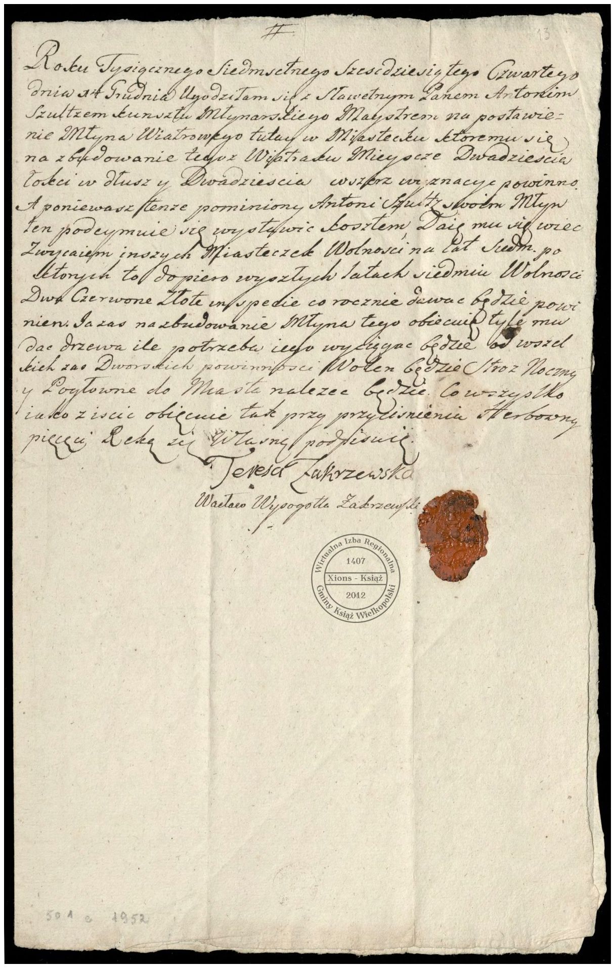 Zezwolenie na budowę młyna w Książu. 1764 r.