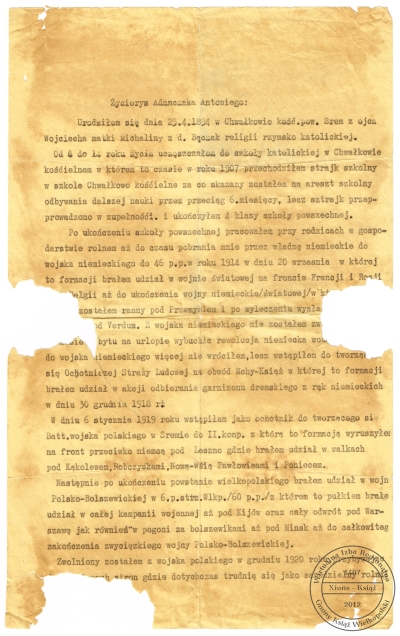 Życiorys Antoniego Adamczaka pisany własnoręcznie