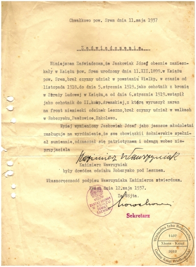 Kazimierz Wawrzyniak potwierdza udział Józefa Jackowiaka w powstaniu wielkopolskim