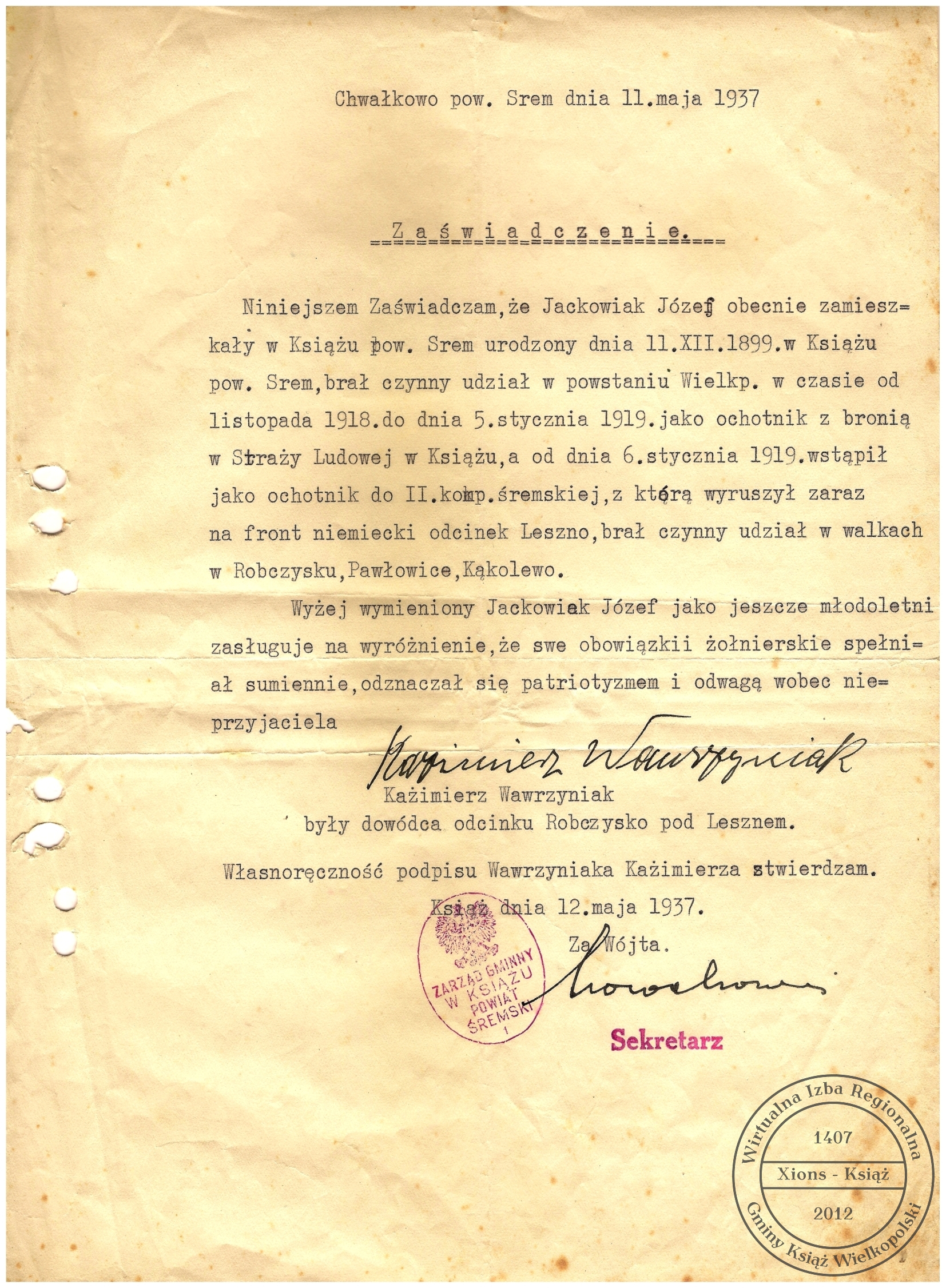Kazimierz Wawrzyniak potwierdza udział Józefa Jackowiaka w powstaniu wielkopolskim