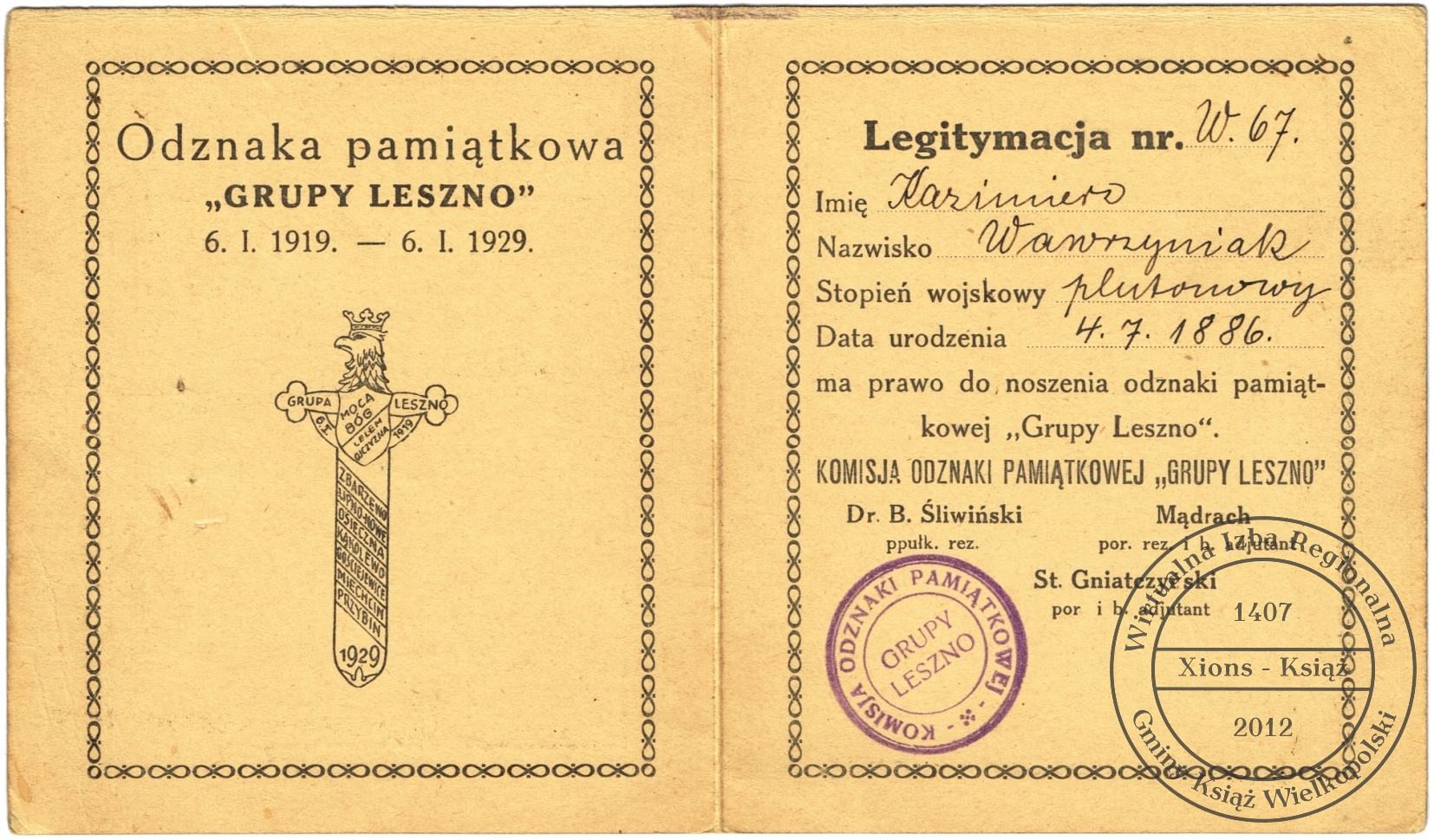 Legitymacja Odznaki Pamiątkowej Grupy Leszno