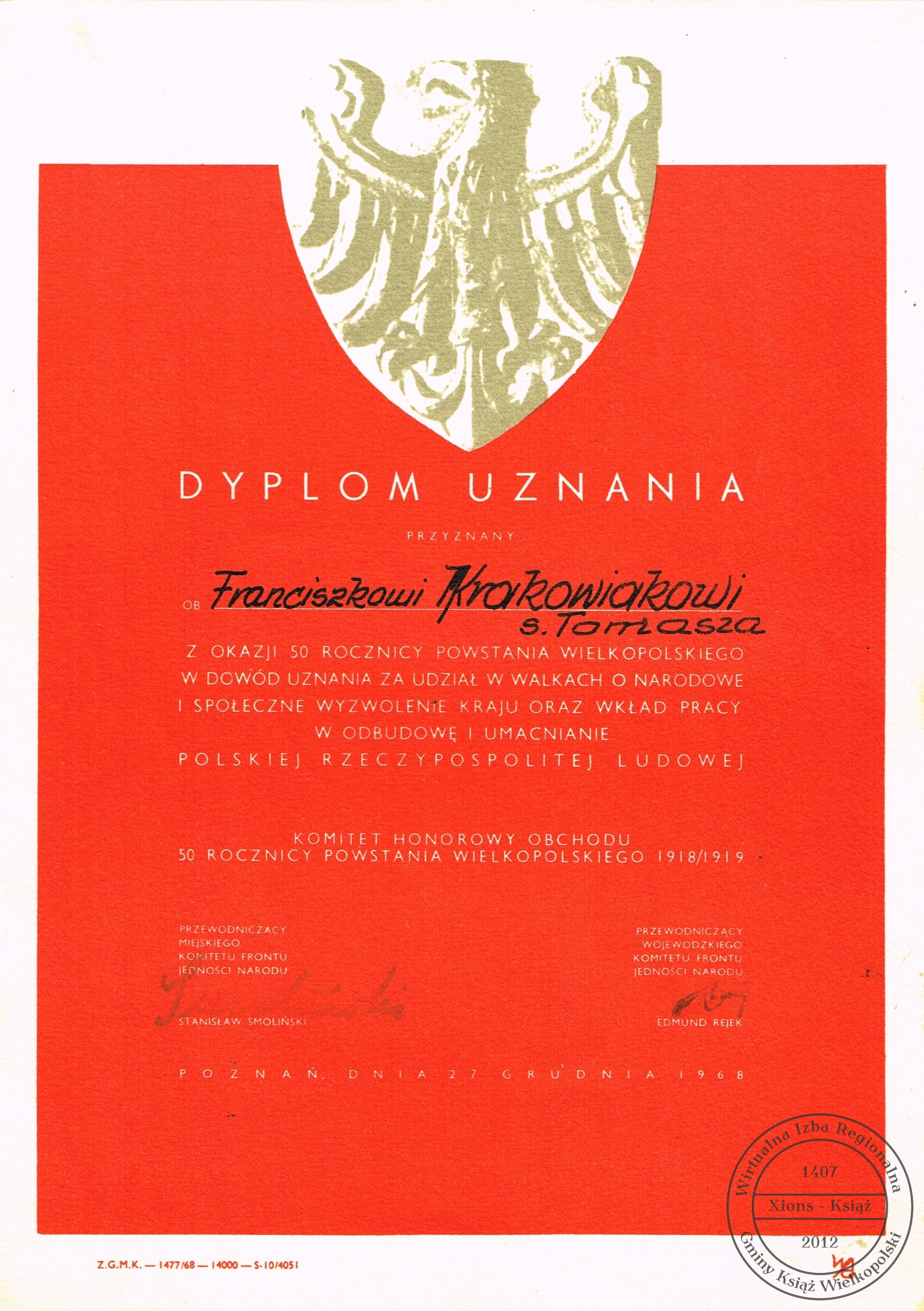Dyplom z okazji 50. rocznicy powstania wielkopolskiego dla Franciszka Krakowiaka