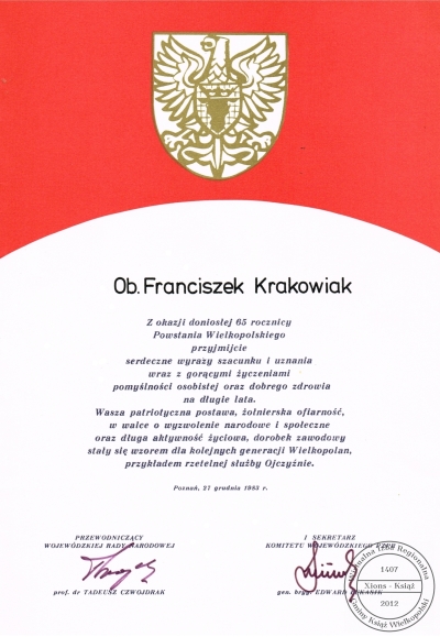 Dyplom z okazji 65. rocznicy powstania wielkopolskiego dla Franciszka Krakowiaka