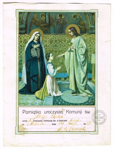 Pamiątka I Komunii Jadwiga Łęcka. Mchy 1926 r.
