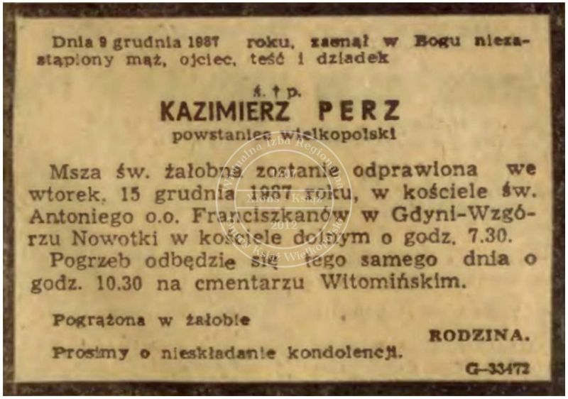Kazimierz Perz nekrolog 1987 r.