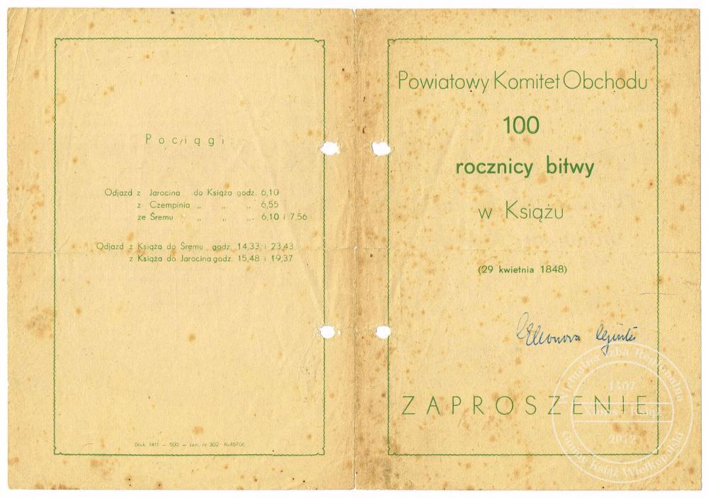 100 lat bitwy o Książ. Zaproszenie 1948 r.