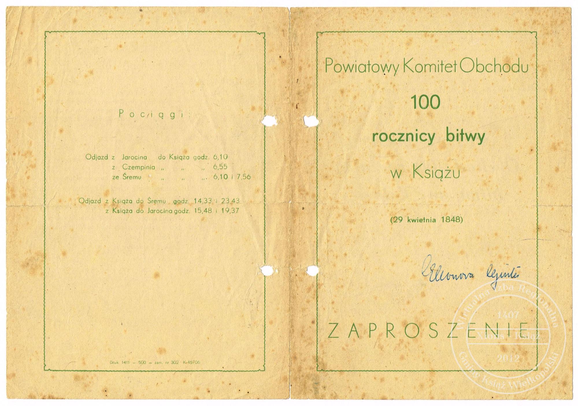 100 lat bitwy o Książ. Zaproszenie 1948 r.