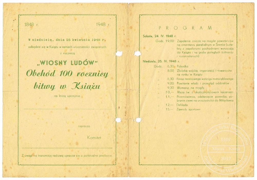 100 lat bitwy o Książ. Zaproszenie 1948 r.