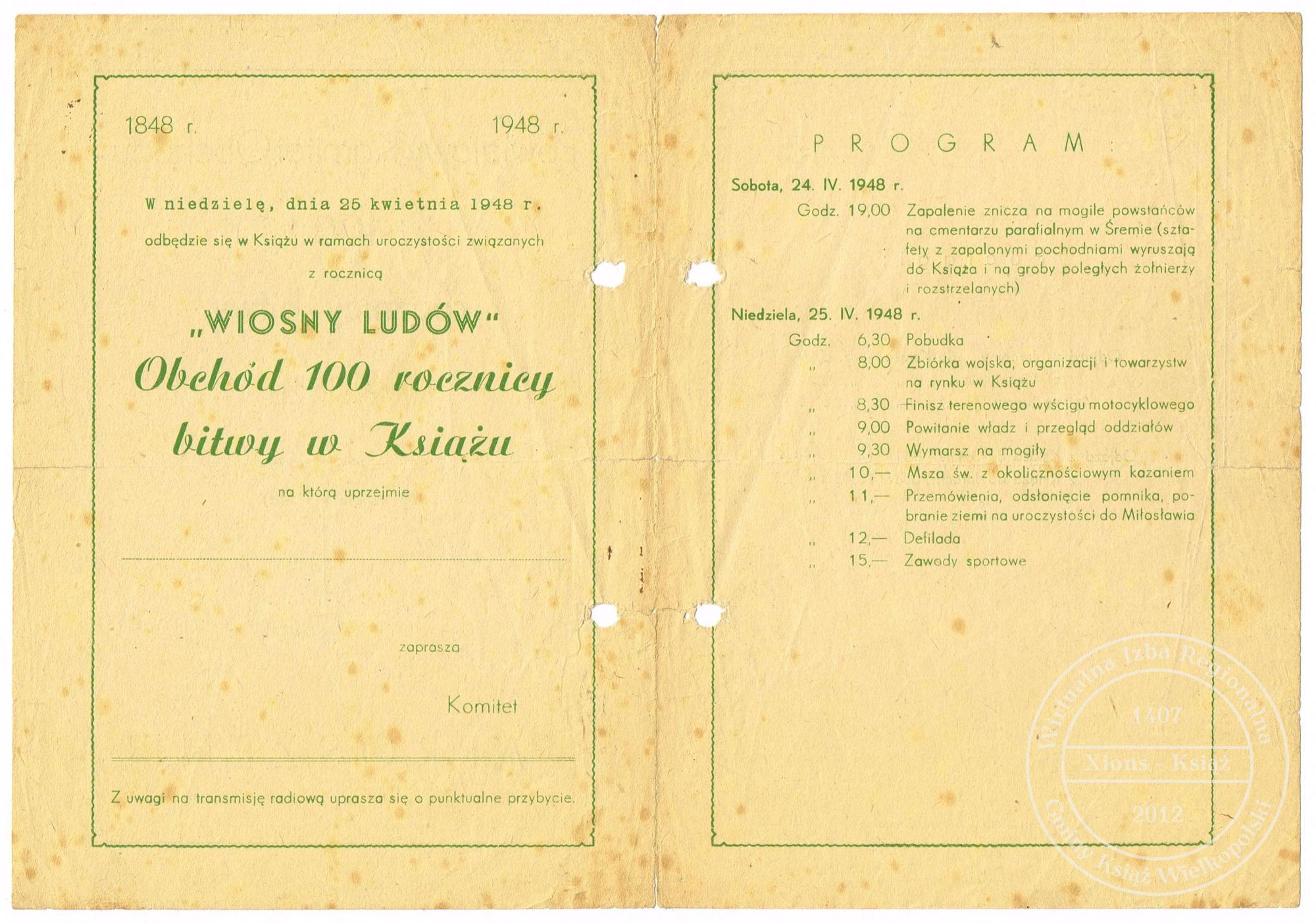 100 lat bitwy o Książ. Zaproszenie 1948 r.