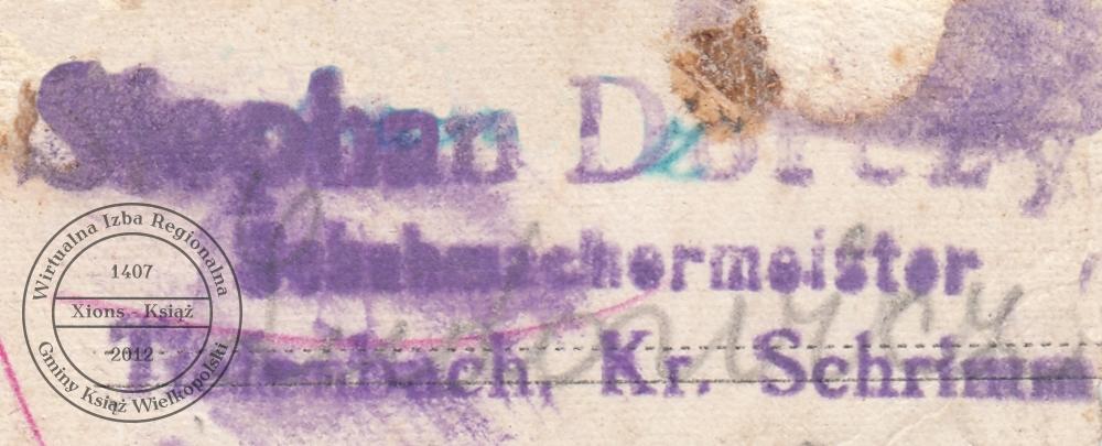 Pieczątka Stefan Dorszyk. Książ 1942 r.