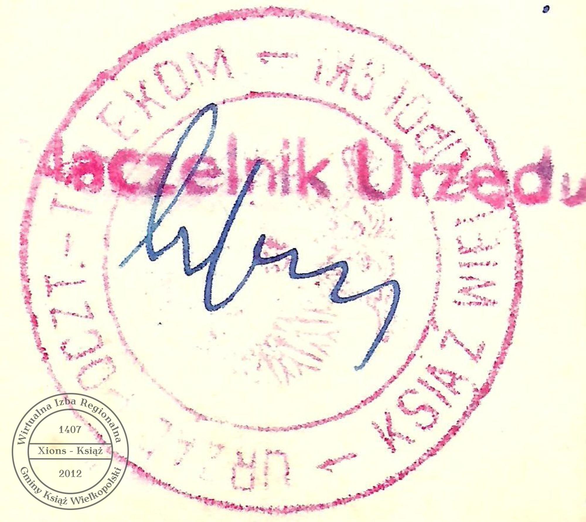 Pieczątka Urzędu Pocztowo-Telekomunikacyjnego w Książu Wielkopolskim, około 1955 r.