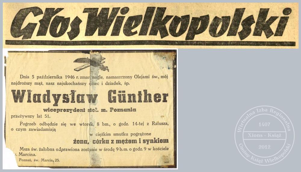 Władysław Günther nekrolog 1946 r.