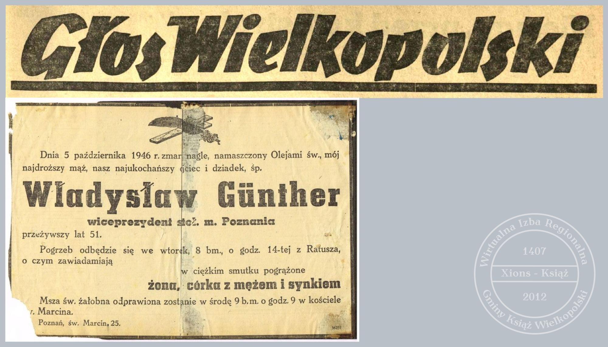Władysław Günther nekrolog 1946 r.