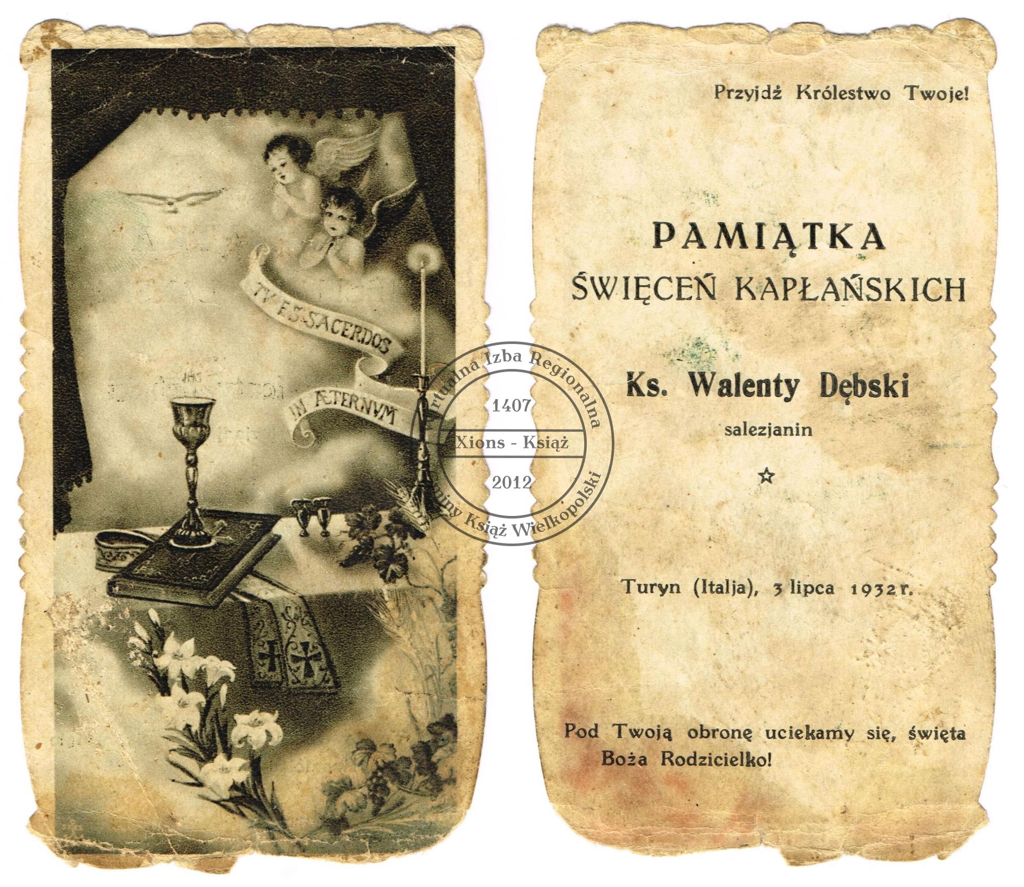 Walenty Dębski, pamiątka święceń kapłańskich - Turyn, 3 lipca 1932 r.