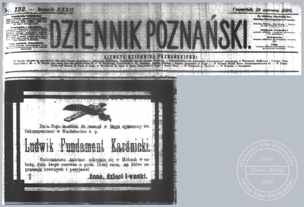 Ludwik Karśnicki nekrolog 1890 r.