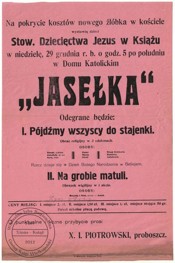 Jasełka w Książu. Afisz z 1929 r.