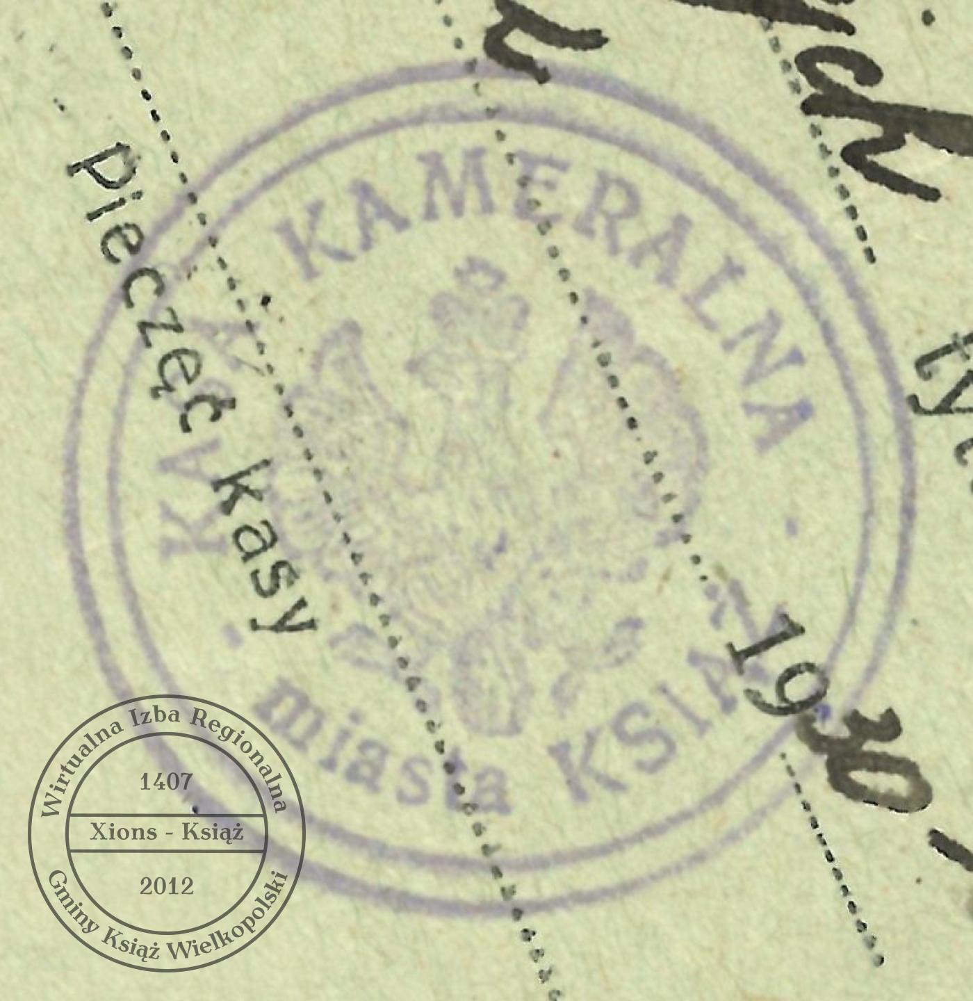 Pieczątka Kasy Kameralnej. Książ, 1930 r.