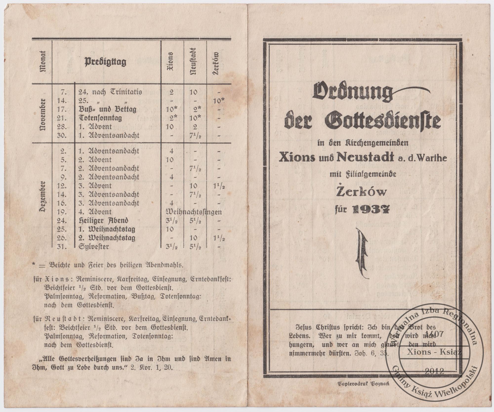 Porządek nabożeństw w parafii ewangelickiej na 1937 rok