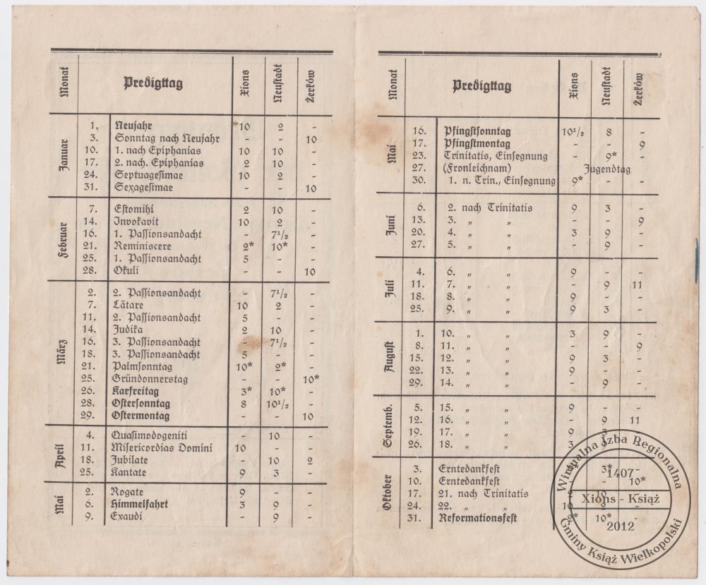 Porządek nabożeństw w parafii ewangelickiej na 1937 rok
