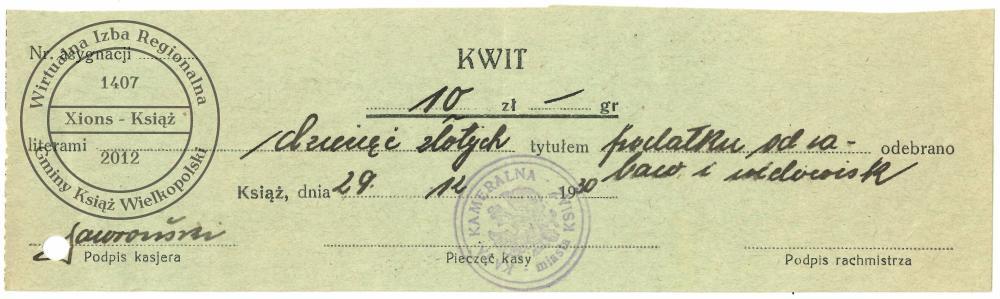 Kwit wpłaty podatku. Książ, 1930 r.