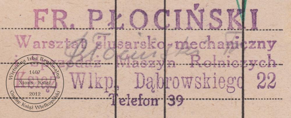 Pieczątka warsztatu Franciszka Płocińskiego. Książ, 1949 r.