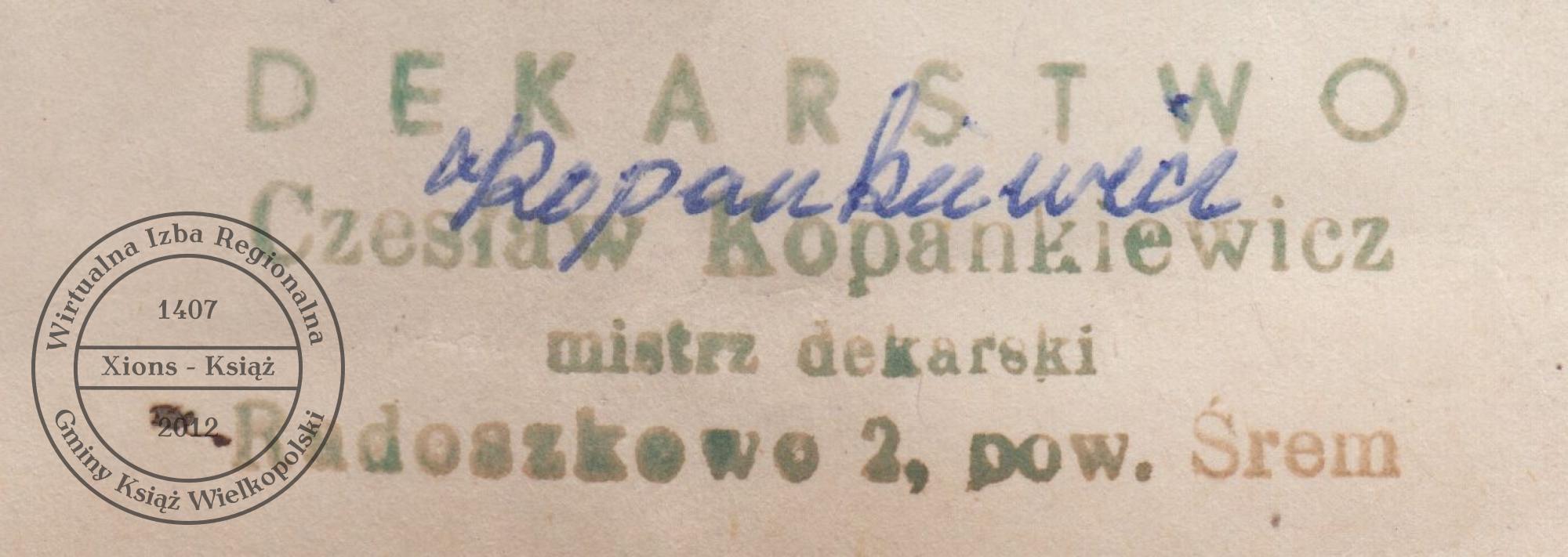 Pieczątka dekarza Czesława Kopankiewicza. Radoszkowo, 1979 r.