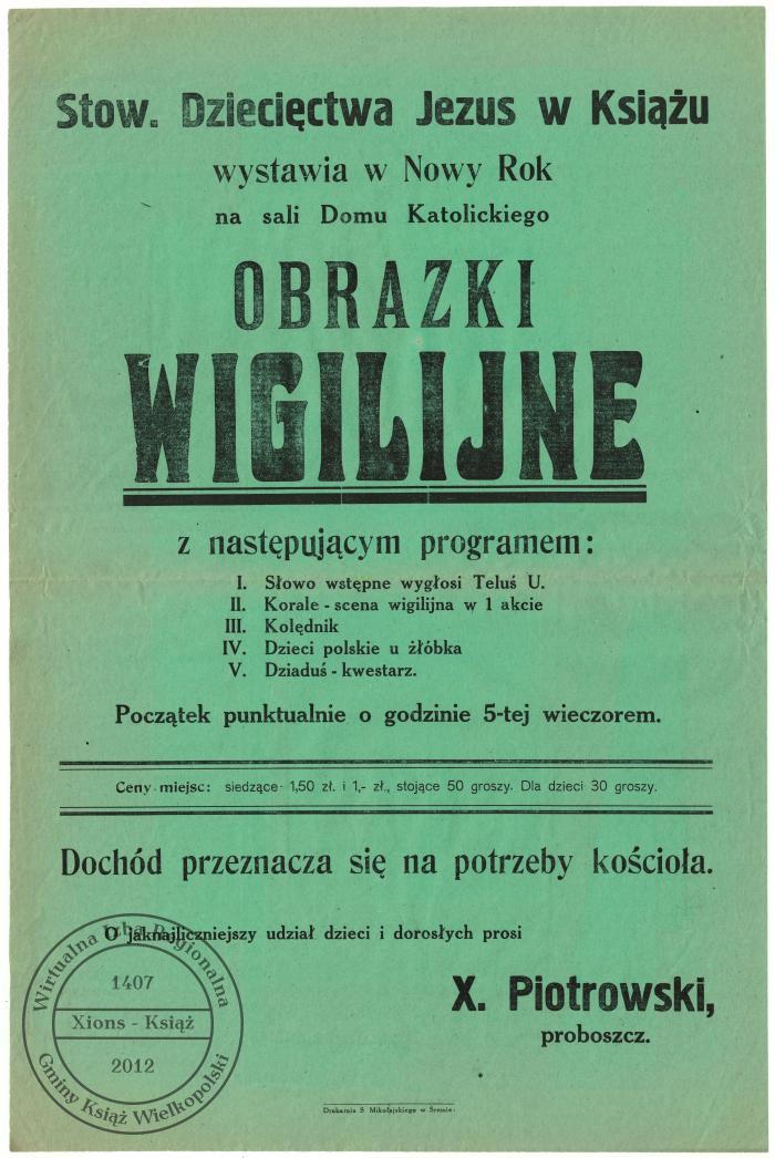 Obrazki Wigilijne w Książu. Afisz z 1931 r.