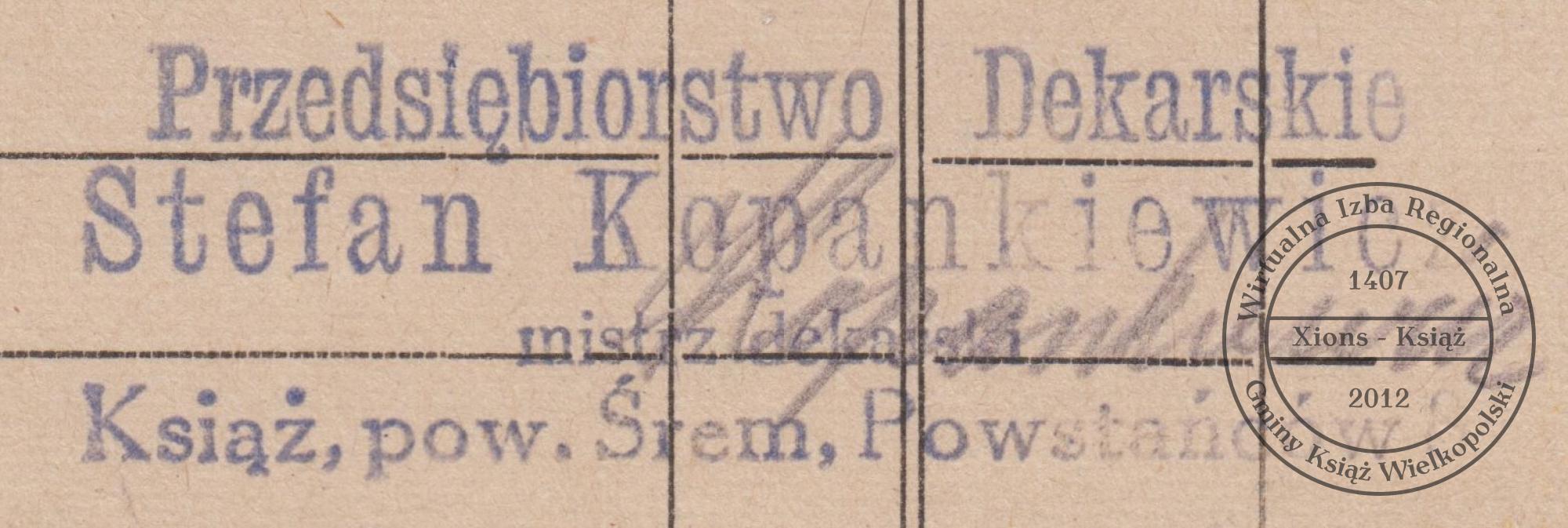 Pieczątka dekarza Stefana Kopankiewicza. Książ, 1949 r.