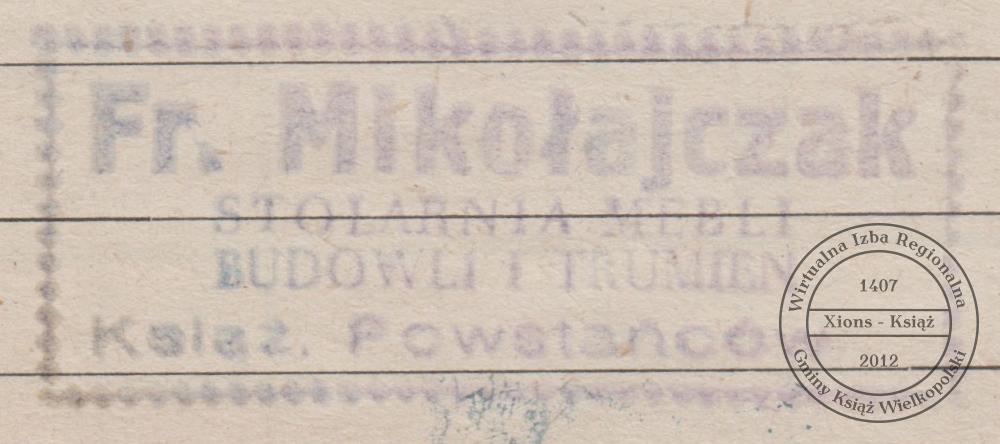 Pieczątka Franciszek Mikołajczak. Książ, 1947 r.