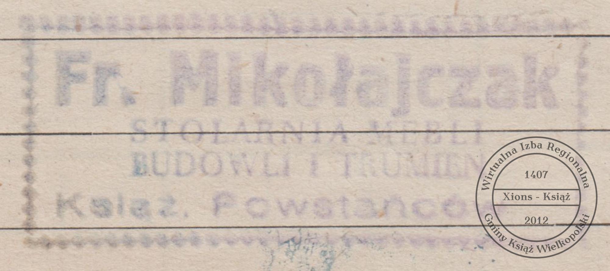 Pieczątka Franciszek Mikołajczak. Książ, 1947 r.