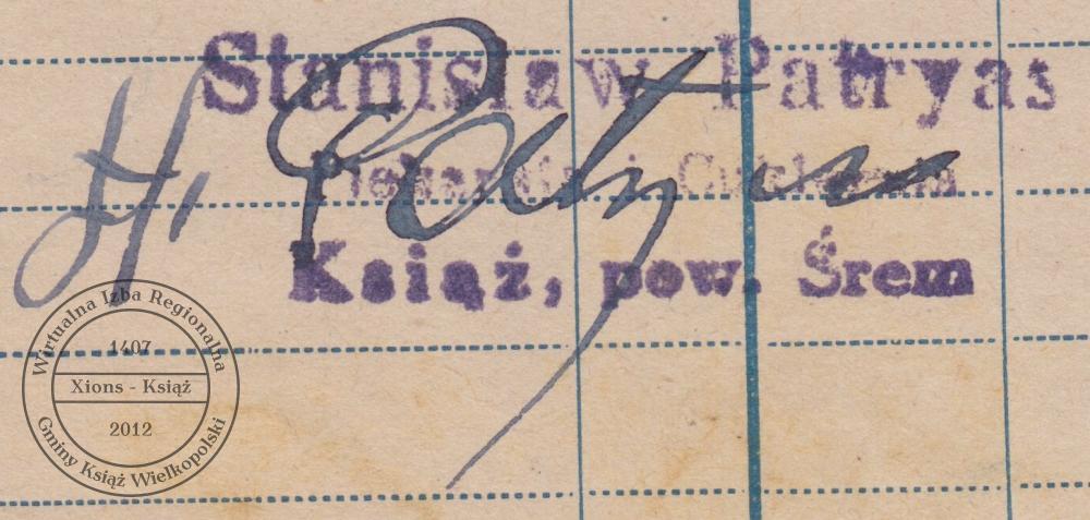 Pieczątka piekarza Stanisława Patryasa. Książ, 1946 r.