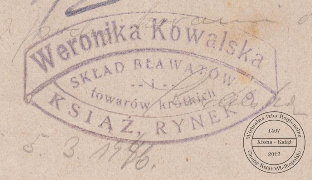 Pieczątka składu bławatów Weroniki Kowalskiej. Książ, 1946 r.