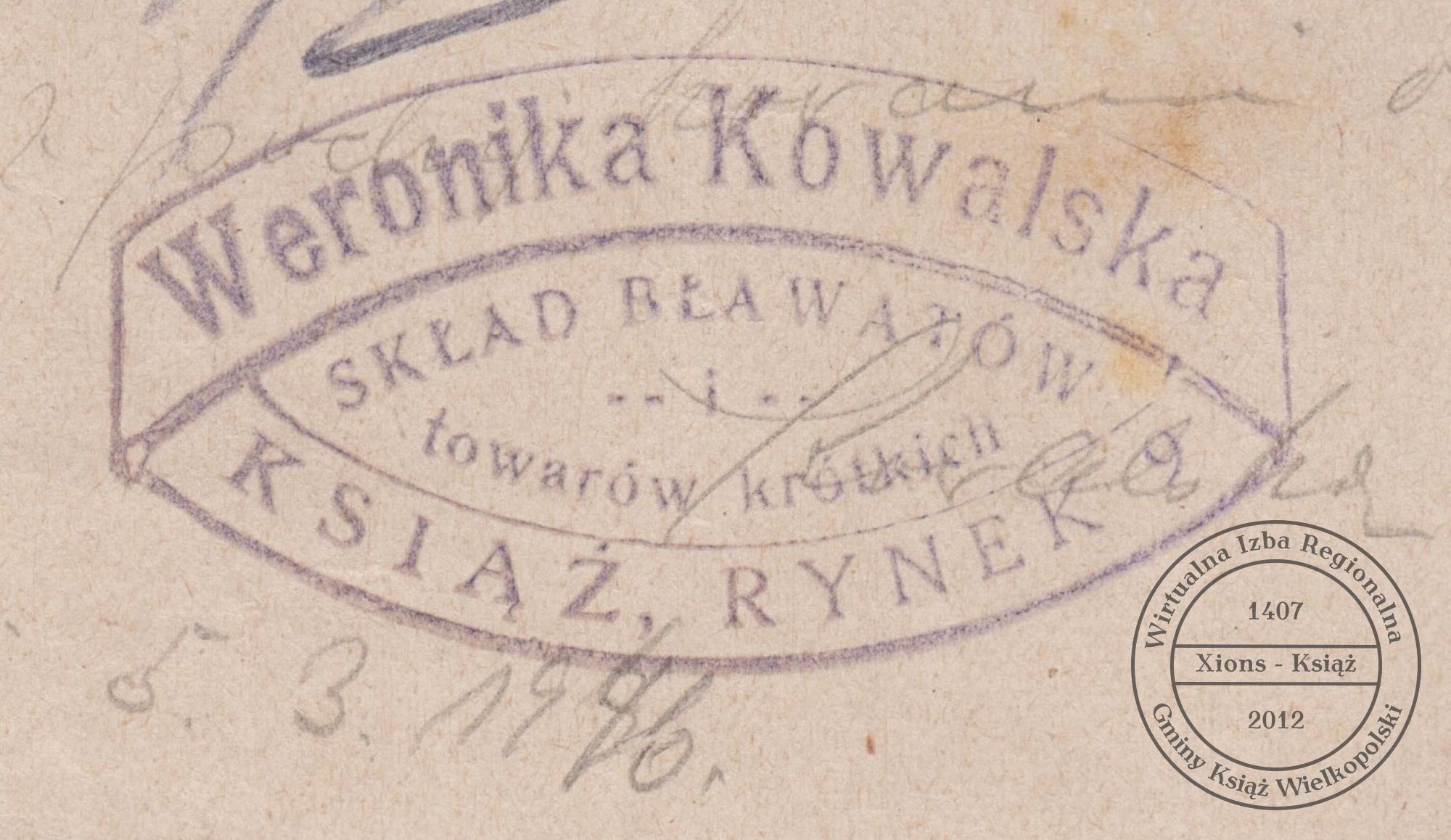 Pieczątka składu bławatów Weroniki Kowalskiej. Książ, 1946 r.
