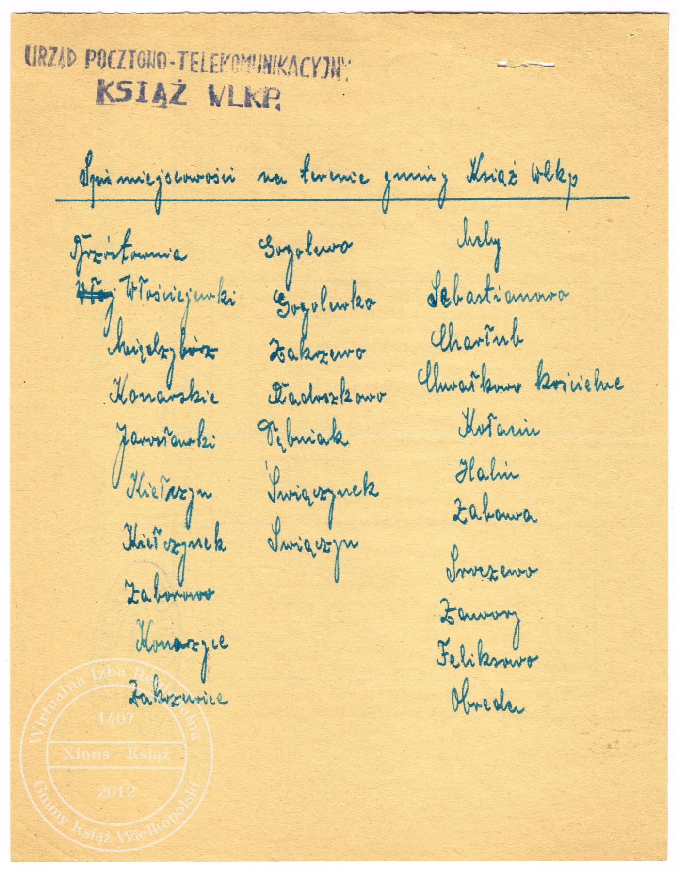 Spis telefonów gminy Książ Wielkopolski 1945 r.