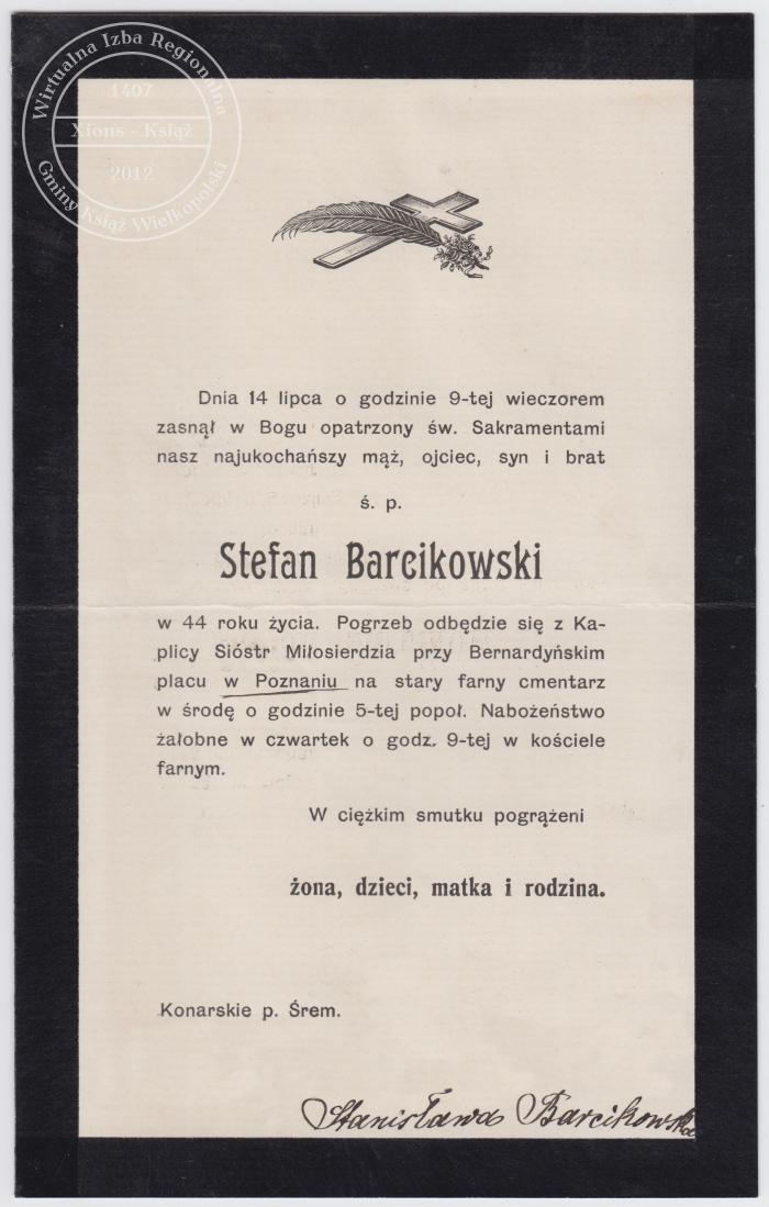 Stefan Barcikowski - nekrolog 1912 r.