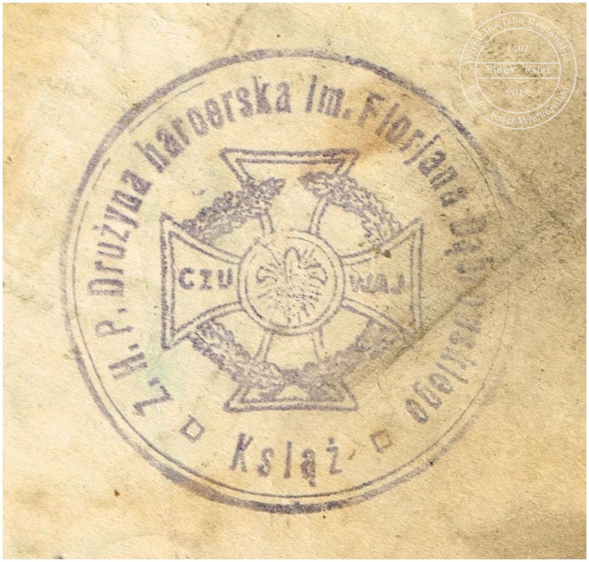 Pieczęć drużyny ZHP im. F. Dąbrowskiego. Książ 1933 r.