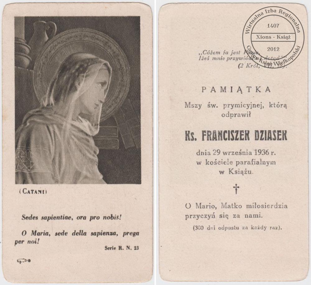 Franciszek Dziasek, pamiątka prymicji - Książ, 29 września 1936 r.