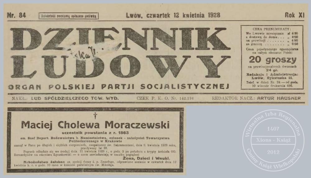 Maciej Adam Moraczewski nekrolog. Lwów 1928 r.