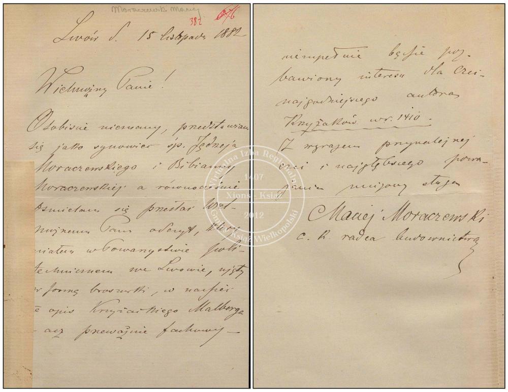 Maciej Adam Moraczewski list do Józefa Ignacego Kraszewskiego. 1882 r.