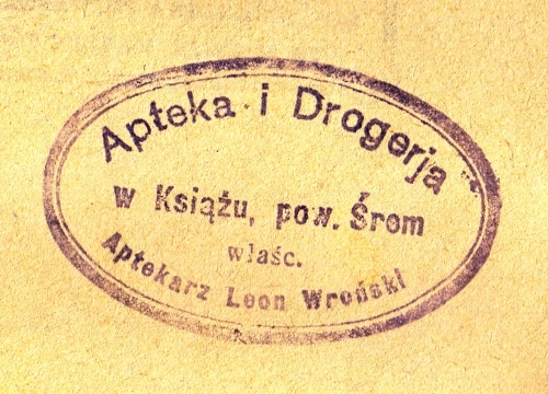 Pieczątka Leon Wroński Apteka Książ, 1936 r.