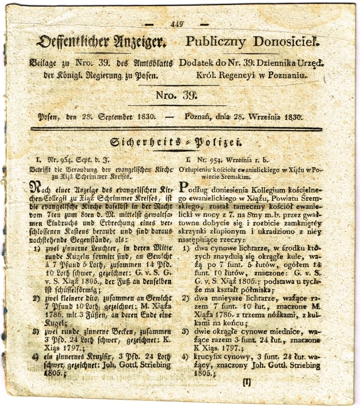 O złupieniu kościoła ewangelickiego w Książu.  1830 r.
