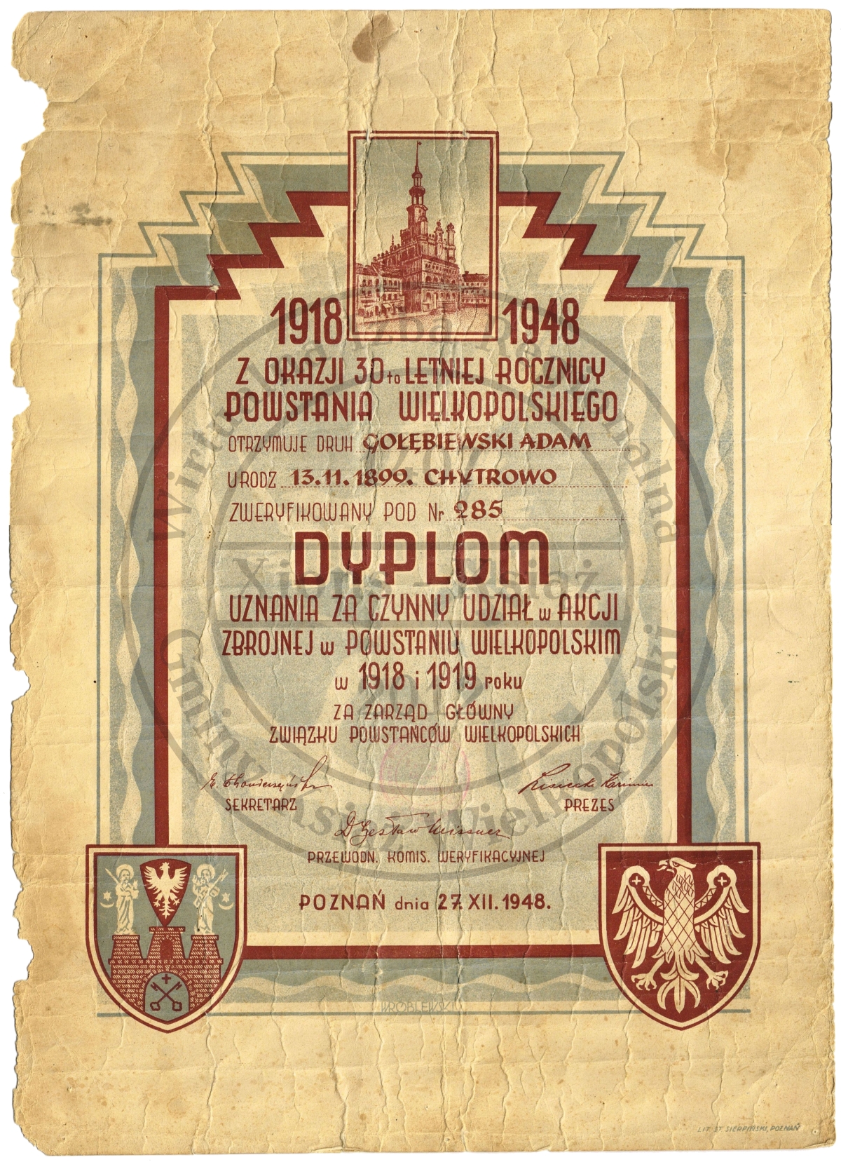 Dyplom Gołębiewski Adam. Chwałkowo Kościelne. Poznań 1948 r.