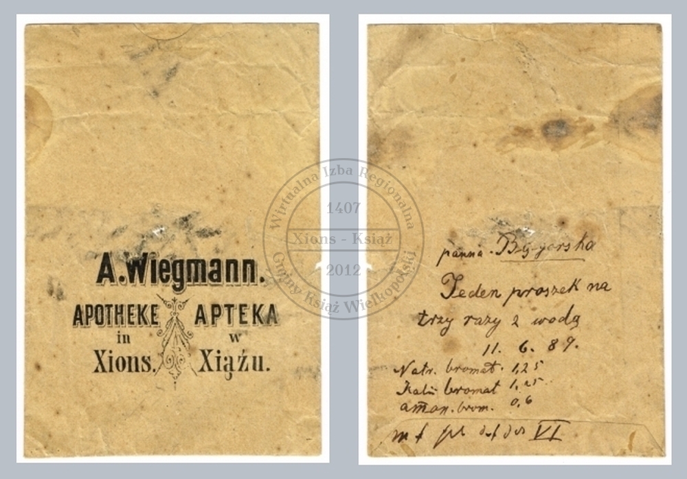 Saszetka na lekarstwo. A. Wiegmann Xions, Książ 1889 r.