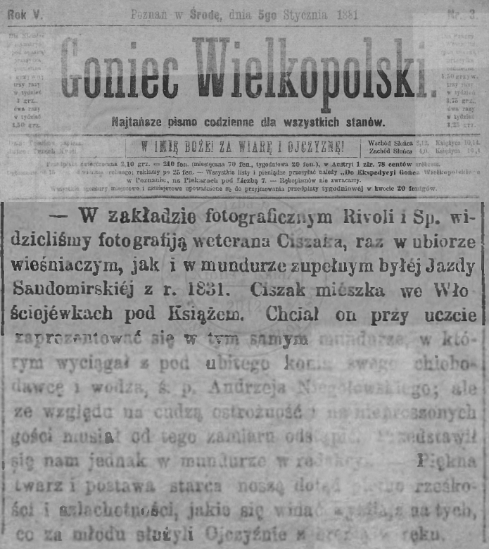 Weteran powstania 1830 r. Szymon Ciszak, Włościejewki. Goniec Wielkopolski - 1881 r. 
