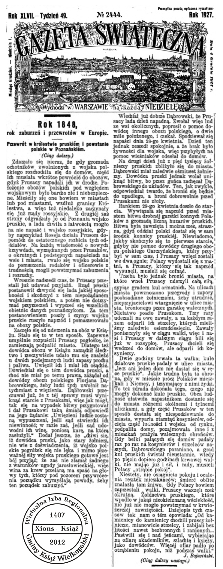 Rok 1848. Książ (Xions). Gazeta Świąteczna - 1927 r.