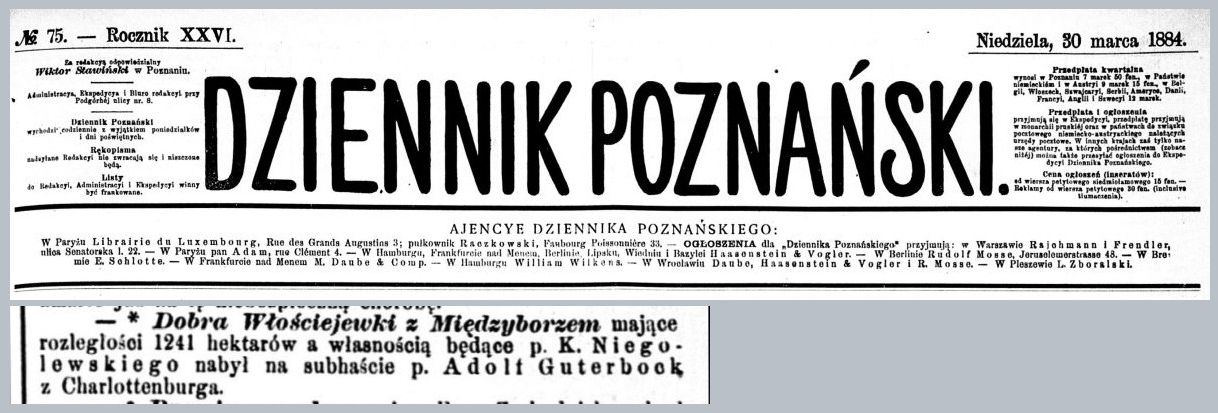 Włościejewki-sprzedaż. Dziennik Poznański 1884 r.