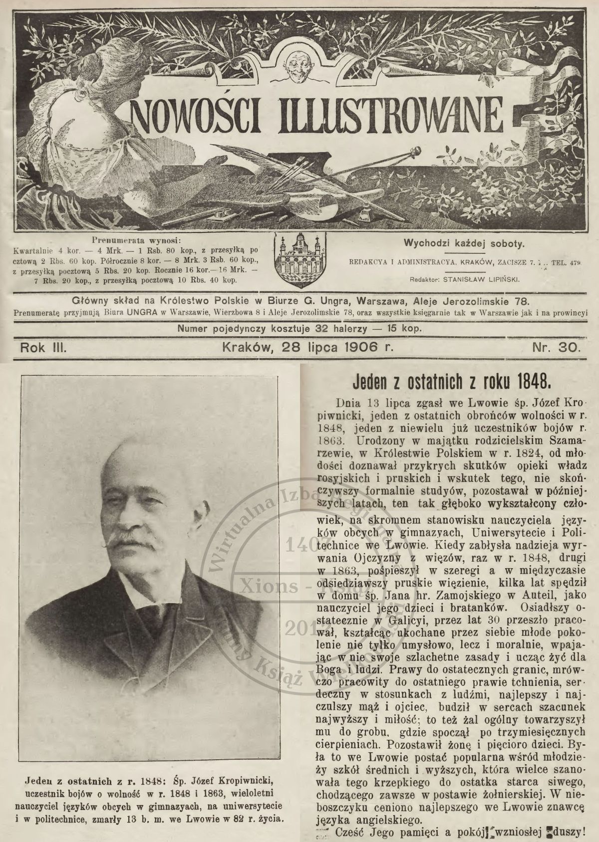 Śmierć Józefa Kropiwnickiego. Nowości Illustrowane 1906 r.