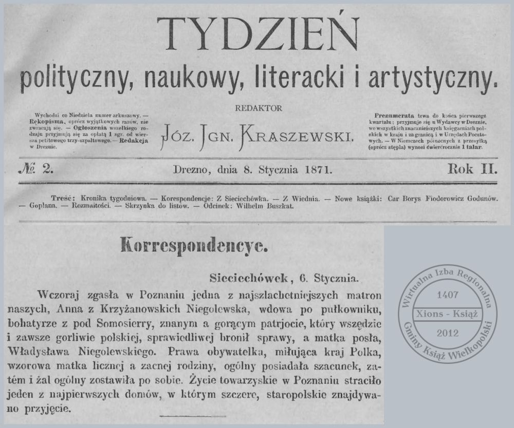Anna z Krzyżanowskich Niegolewska - zgon. 1871 r.