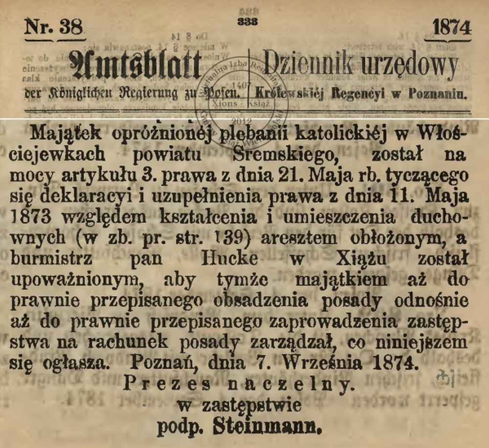Zajęcie probostwa Włościejewki. Dziennik urzędowy - 1874 r.